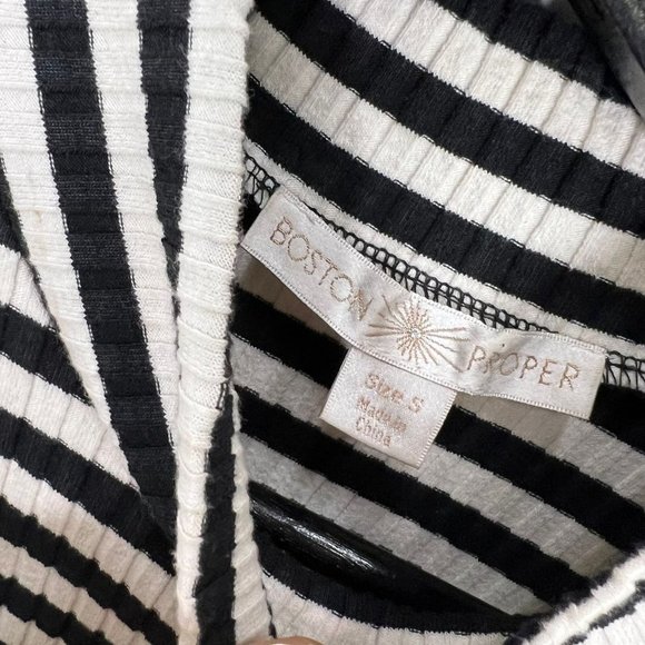 Boston Proper Black White Stripe Ribbed Cold Shoulder High Neck Long Sleeve Top - Picture 3 of 7